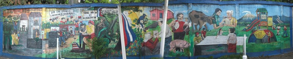 Mur peint à Chichigalpa. On voit ici la chronologie de la Révolution, la campagne d'alphabétisation, la redistribution des terres et l'aide aux paysans etc.