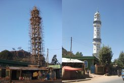 Minaret à Babile : à gauche au début de 2014, à droite à la fin de 2017.